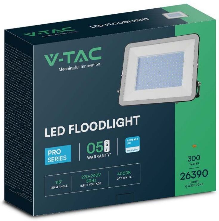 V-Tac Pro Vt-44300 Faro Led 300w Proiettore Chip Samsung Corpo Nero Bordo Bianco Luce 4000k Ip65 - 10031