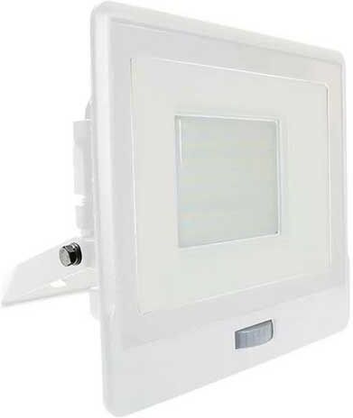 V-Tac Vt-158s Faro Led 50w Chip Samsung Con Sensore Di Movimento Pir E Crepuscolare Bianco Freddo 6500k Slim Alluminio Bianco Box Derivazione Ip65 - Sku 20279