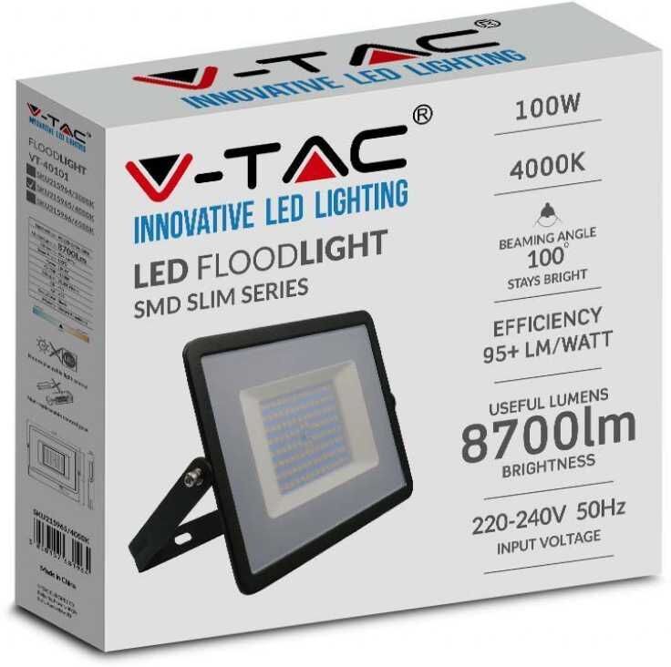 V-Tac Vt-40101 Faro Led Smd 100w Proiettore Corpo Nero - Luce Bianco Naturale 4000k E-Series Ultra Slim Ip65 - Sku 215965