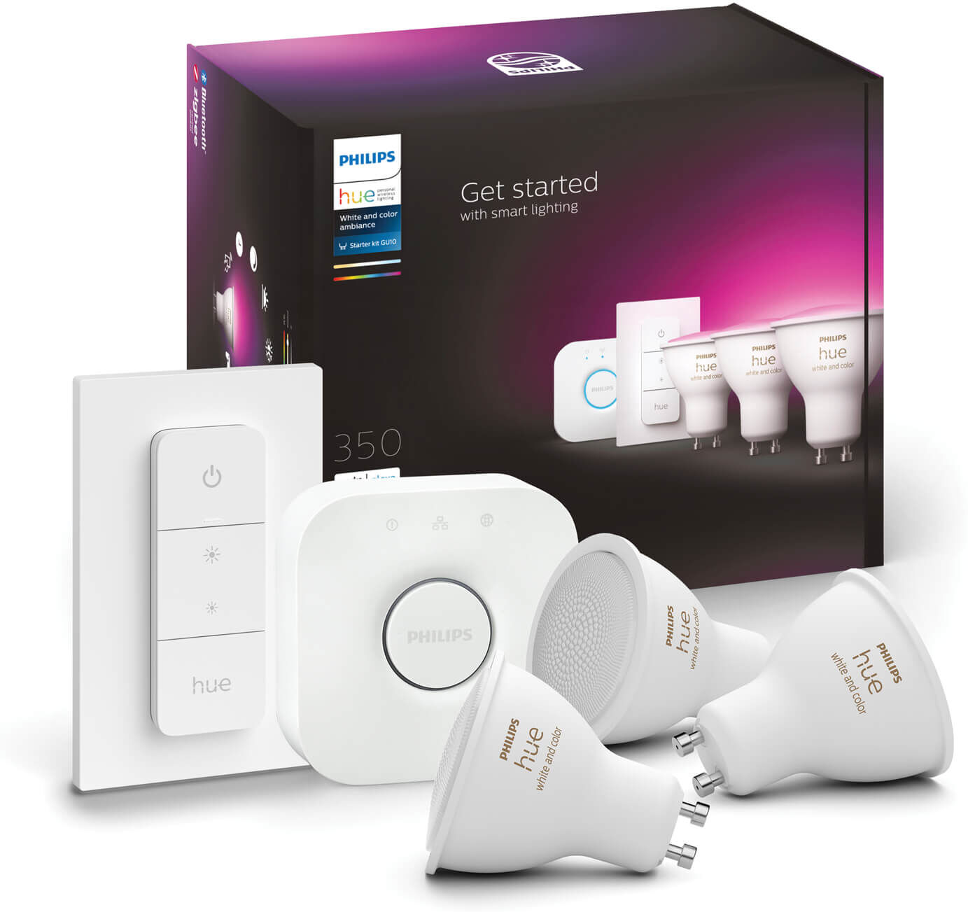 Philips Hue starter kit - White & Color - GU10 perfect fit (3 lampen + Bridge + DIM switch)