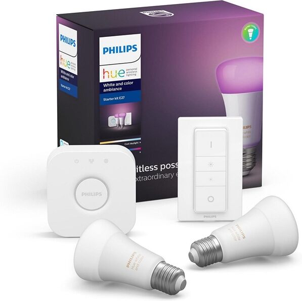 Philips Hue White And Color Ambiance Start Sæt E27 Med 2 Pærer, Switch Og Bridge