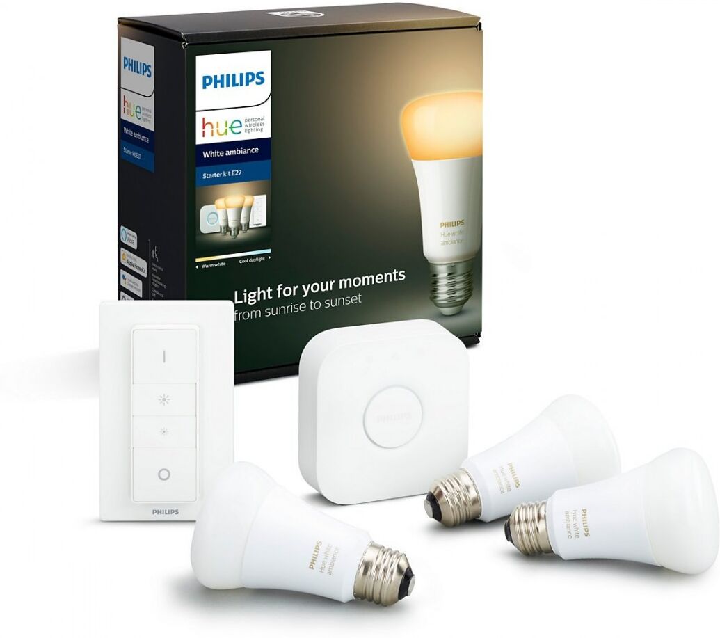 Philips Hue 8718699673345 Starter kit 3x LED žiarovka + ovládač Dimmer Switch + Bridge 8,5W   E27 - Bluetooth, White Ambiance