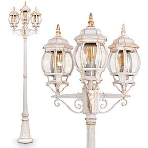 hofstein Outdoor lamp Lentua, Candelabra in Antique Look, Metal in White/Gold with Clear Glass panes, 3-arm Pathway lamp 215 cm, Retro/Vintage Garden lamp, E27 Socket, IP44, Without Bulbs