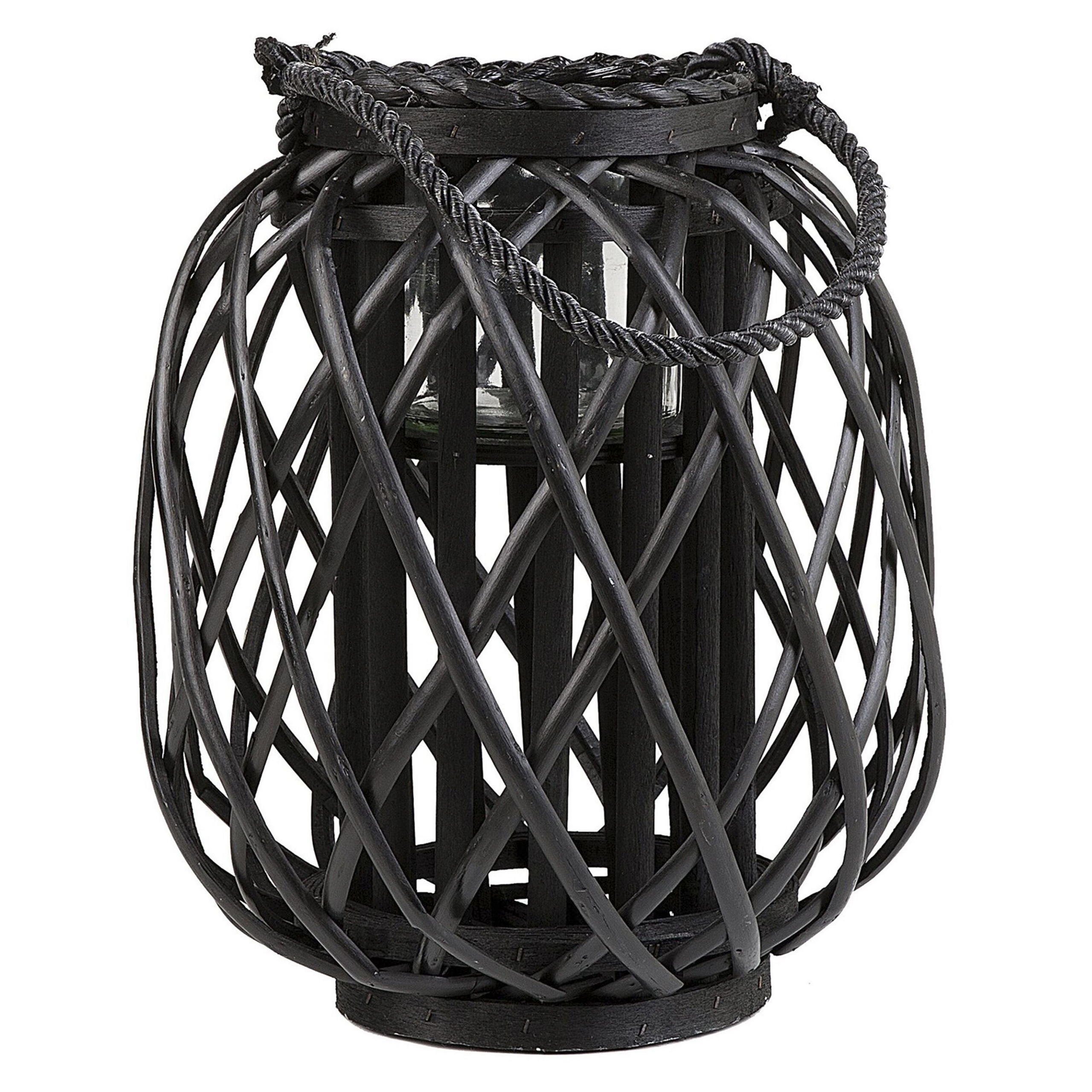 Beliani Lantern Black Willow Wood and Glass 30 cm Indoor Outdoor Scandinavian