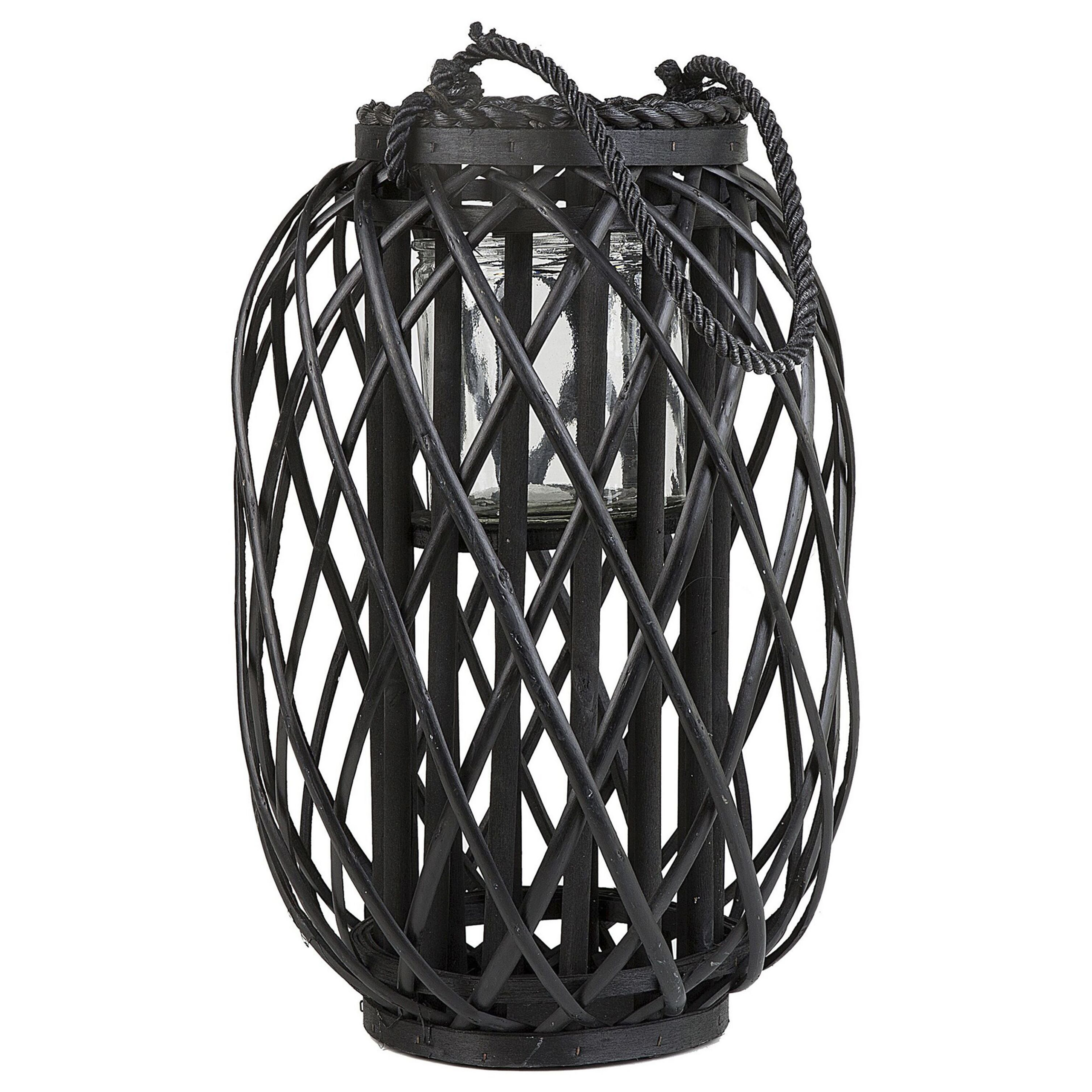 Beliani Lantern Black Willow Wood and Glass 40 cm Indoor Outdoor Candle Holder Scandinavian Boho