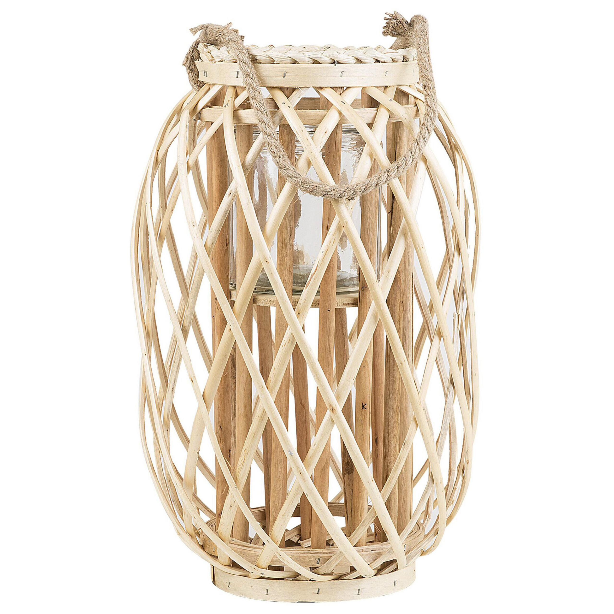 Beliani Lantern Light Wood Willow Wood and Glass 40 cm Indoor Outdoor Candle Holder Scandinavian Boho