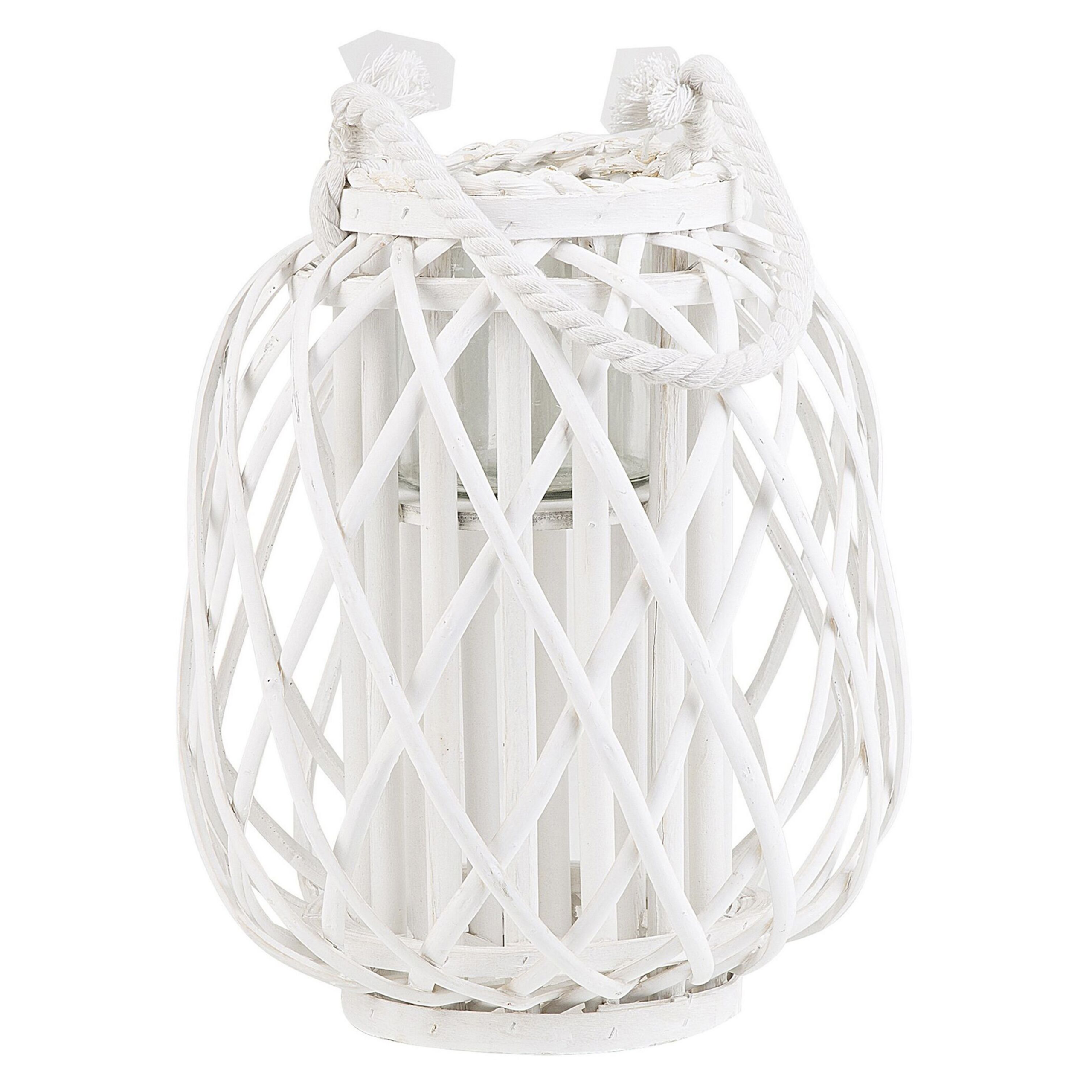 Beliani Lantern White Willow Wood and Glass 30 cm Indoor Outdoor Scandinavian