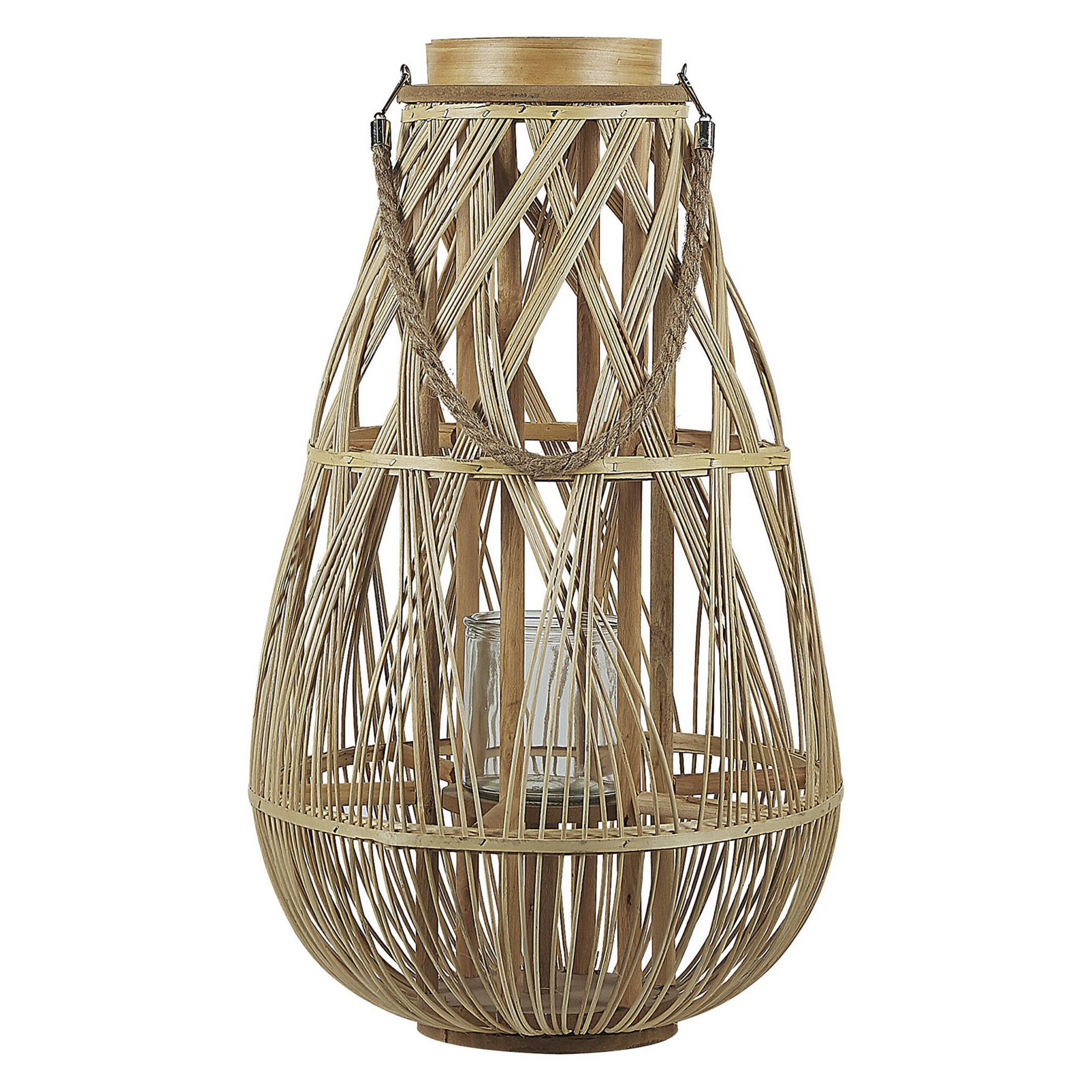 Beliani Lantern Light Bamboo Wood and Glass 56 cm Indoor Outdoor Wooven Candle Holder Scandinavian Boho