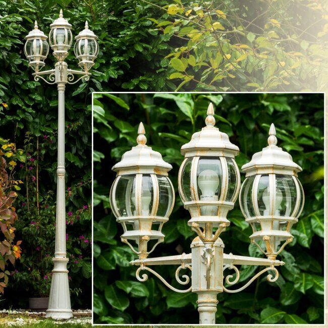 hofstein Kobe lamppost white, gold, 3-light sources - antique, cottage - outdoors - Expected delivery time: 6-10 working days