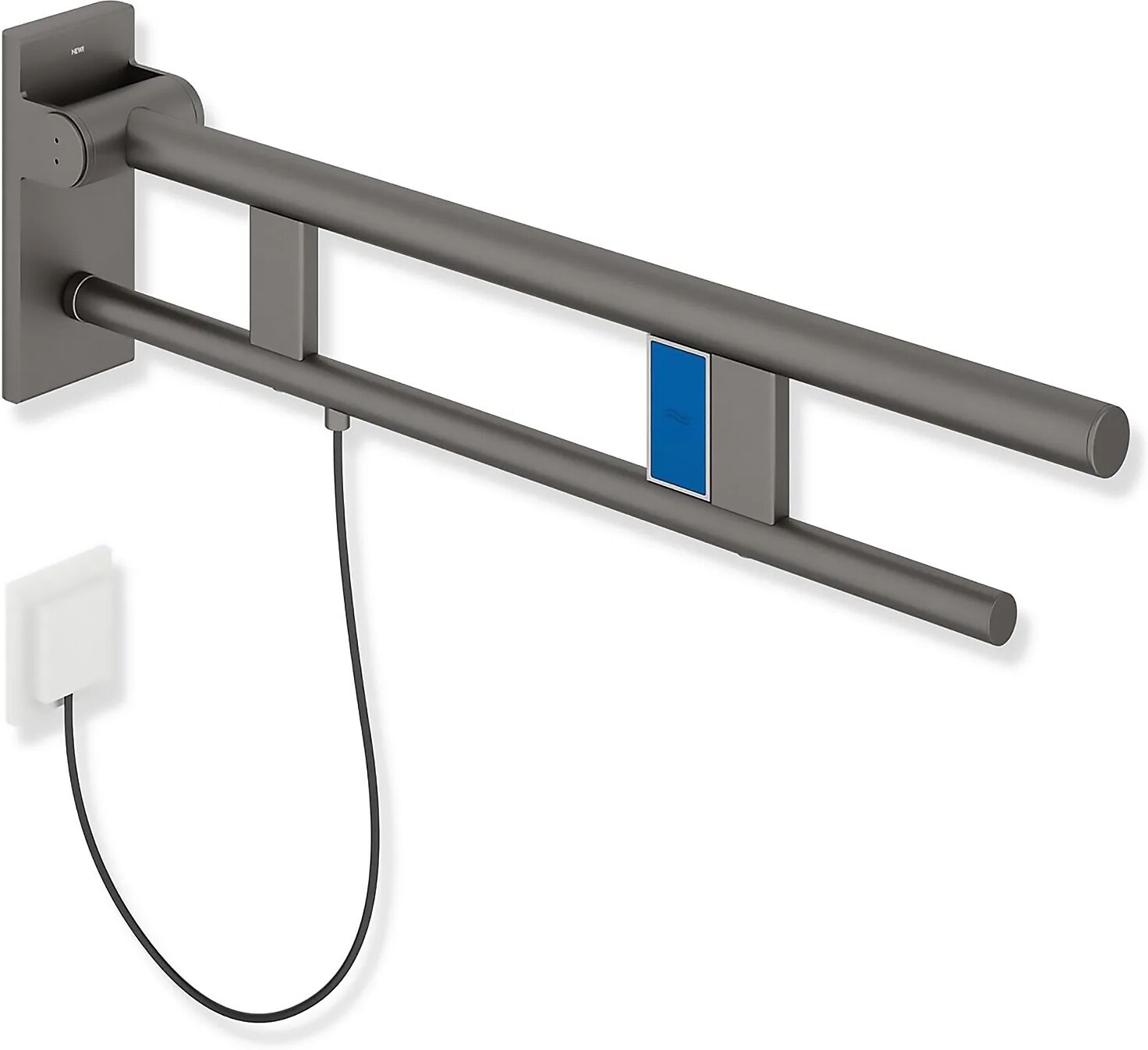 HEWI System 900 Stützklappgriff Duo Design A mit Spülauslösung (E-Ausführung), links 85 cm  Ausladung 85 cm, links dunkelgrau perlglimmer tiefmatt