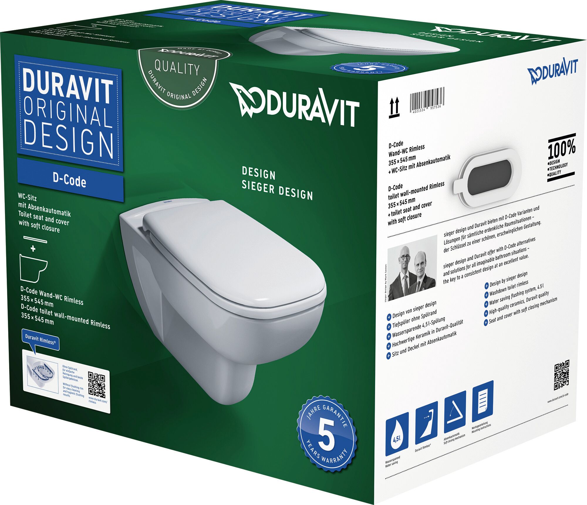 Duravit D-Code Wand Tiefspül WC 45700900A1 weiss, Set mit WC und WC-Sitz, rimless