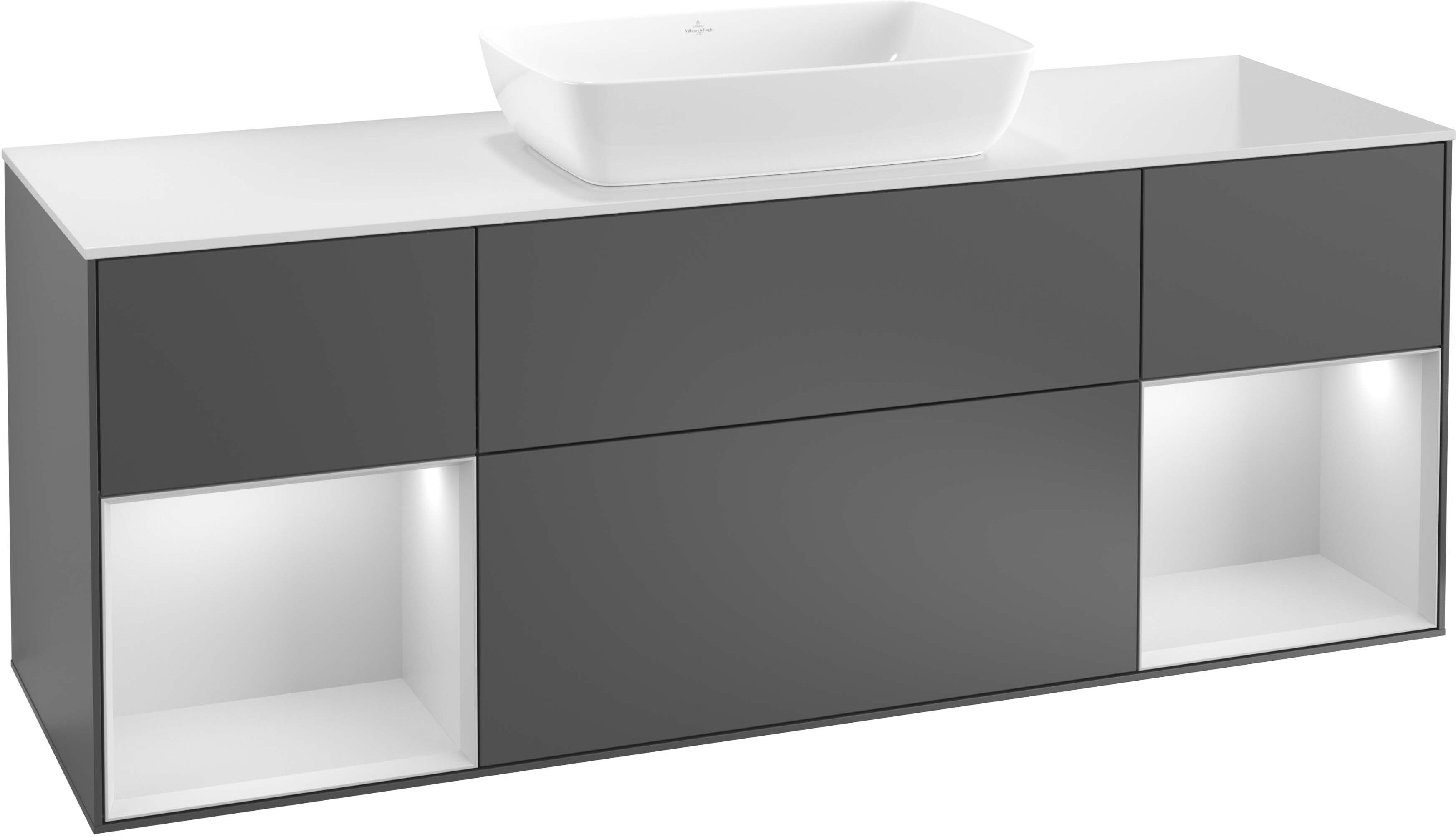 Villeroy und Boch Finion Waschtischunterschrank F862PDGN 160cm, Abdeckplatte black matt, Regale Black matt lacquer, Walnut veneer