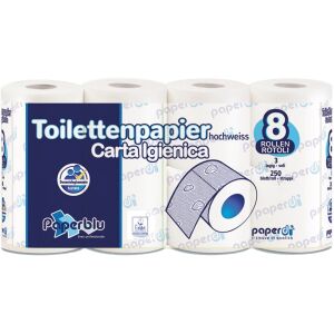 Paperblu Toilettenpapier, 3-lagig, Hochweißes WC-Papier aus Zellstoff, 1 Packung = 8 Rollen à 250 Blatt