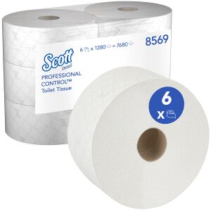 Kimberly Clark Professional SCOTT® Control™ Toilettenpapier, 2-lagig, Weiße Toilettenpapierrollen mit Perforation aus 100% recycelten Fasern, 1 Karton = 6 Rollen à 1280 Blätter = 7680 Blätter