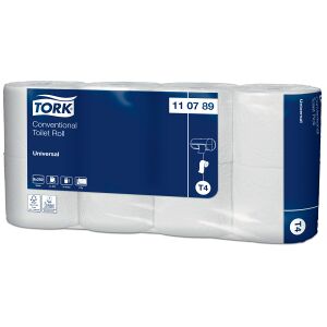 Essity Professional Hygiene Germany GmbH Tork Kleinrollen Toilettenpapier T4 Universal, 2-lagig, Extra weiß, Perforiert & mit Dekoprägung, 1 Paket = 8 Packungen à 8 Rollen = 64 Rollen