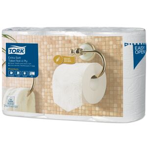 Essity Professional Hygiene Germany GmbH Tork Kleinrollen Toilettenpapier T4 Premium, 4-lagig, weiß, Perforiert & mit Dekoprägung, extra weich & voluminös, 1 Packung = 6 Rollen, 1 Rolle = 150 Blatt