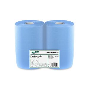 Sobsy Putztuchrolle, 36 x 37,5 cm, 2-lagig, Blaue Industrietücher aus 100% Zellstoff, 1 Karton = 2 Rollen à 500 Blatt