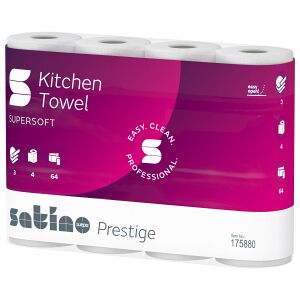 WEPA Professional GmbH Satino Prestige Küchenrolle, hochweiß, 3-lagig, Saugstarke Premium Küchentücher aus 100% Zellstoff, 1 Karton = 8 Packungen à 4 Rollen à 64 Blatt