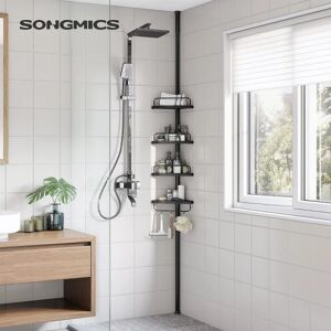 Songmics justerbar hjørnehylde til badeværelse, 85-305 cm, med 4 bakker, 3 kroge, sort