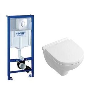Komplet Pakkeløsning Med Grohe Cisterne, Trykknap, Villeroy & Boch Væghængt Toilet Og Soft Close Toiletsæde