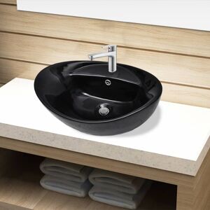 vidaXL Keramisk badeværelsesvask basin vandhane/overfyldningshul sort oval