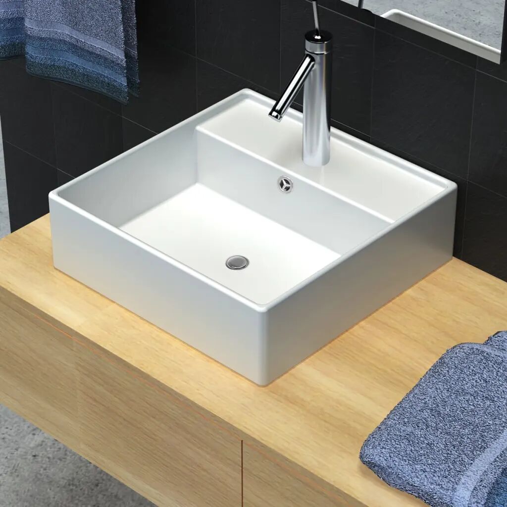 vidaXL Keramisk firkantet håndvask m. overløb og hul til hane 41 x 41 cm