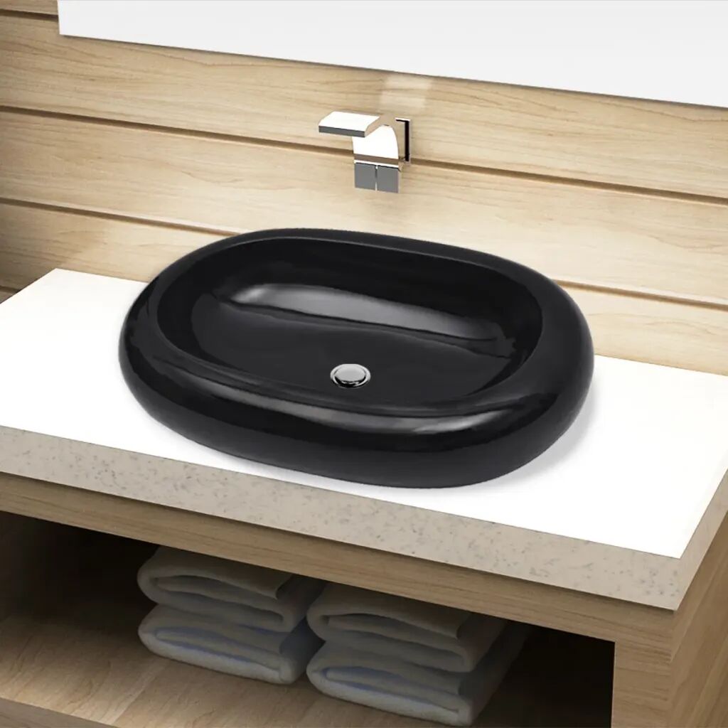 vidaXL Håndvask i keramik til badeværelse, oval, sort