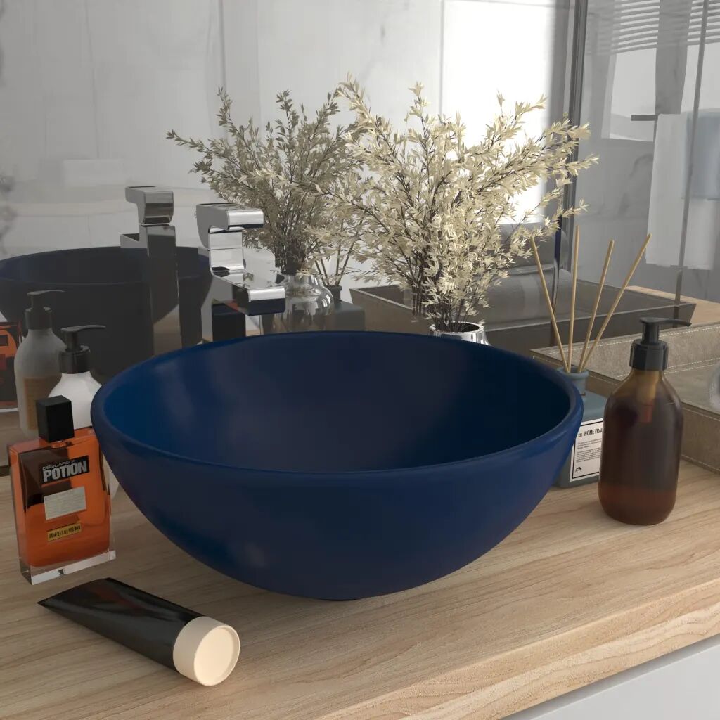 vidaXL luksuriøs håndvask 32,5x14 cm rund keramisk mat mørkeblå