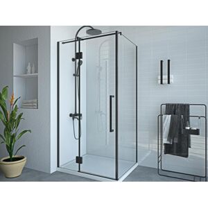 Shower & Design Mampara de ducha fija con puerta pivotante negro mate estilo industrial - 80 x 100 x 190 cm - PRINCETON