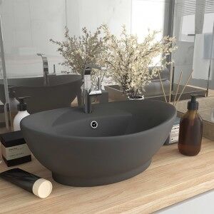 vidaXL Lavabo Lujoso Con Rebosadero Cerámica Gris Oscuro 58.5x39 Cm