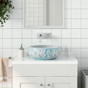 vidaXL Lavabo Sobre Encimera Redondo Cerámica Blanco Y Azul Φ41x14 Cm