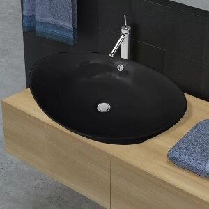 vidaXL Lavabo Oval De Cerámica Negra De Lujo Con Desagüe. 59 X 38.5 Cm