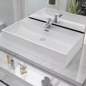 vidaXL Lavabo Con Orificio Para Grifo Cerámica 76x42.5x14.5 Cm Blanco