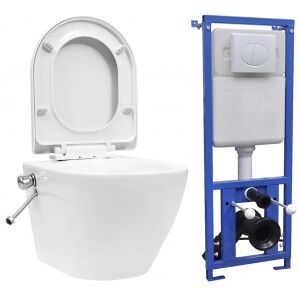 vidaXL Inodoro Wc De Pared Sin Bordes Cisterna Oculta Cerámica Blanco