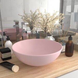 vidaXL Lavabo De Cuarto De Baño Redondo Cerámica Rosa Mate