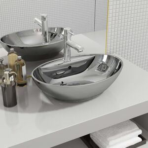 vidaXL Lavabo con rebosadero 58,5x39x21 cm cerámica plateado