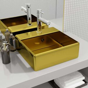 vidaXL Lavabo con rebosadero 41x41x15 cm cerámica dorado