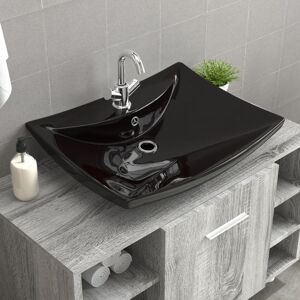 vidaXL Lavabo rectangular cerámica orificio de grifo y desagüe negro