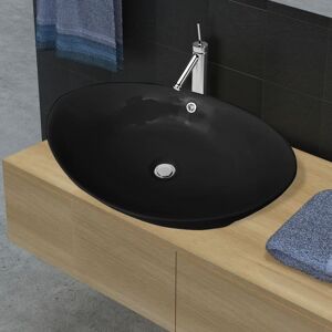 vidaXL Lavabo Oval de cerámica negra de lujo con desagüe, 59 x 38,5 cm