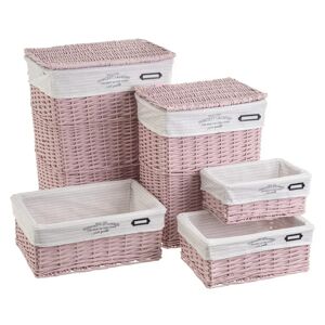 LOLAhome Set de 2 cestos de ropa y 3 cestas trenzados de mimbre y tela rosa