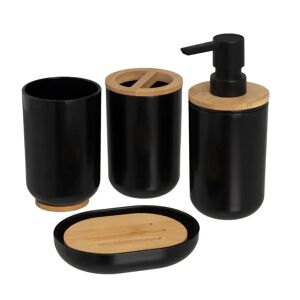LOLAhome Set de dispensador, portacepillos, vaso y jabonera de plástico negro y bambú