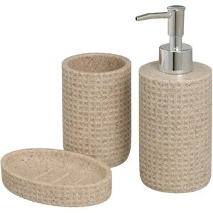 LOLAhome Set de dispensador, jabonera y portacepillos de resina beige grabados