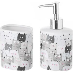 LOLAhome Juego de dispensador y portacepillos de gatos de cerámica blanca y gris de 200 ml