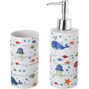 LOLAhome Juego de dispensador y portacepillos de peces de cerámica azul de 200 ml