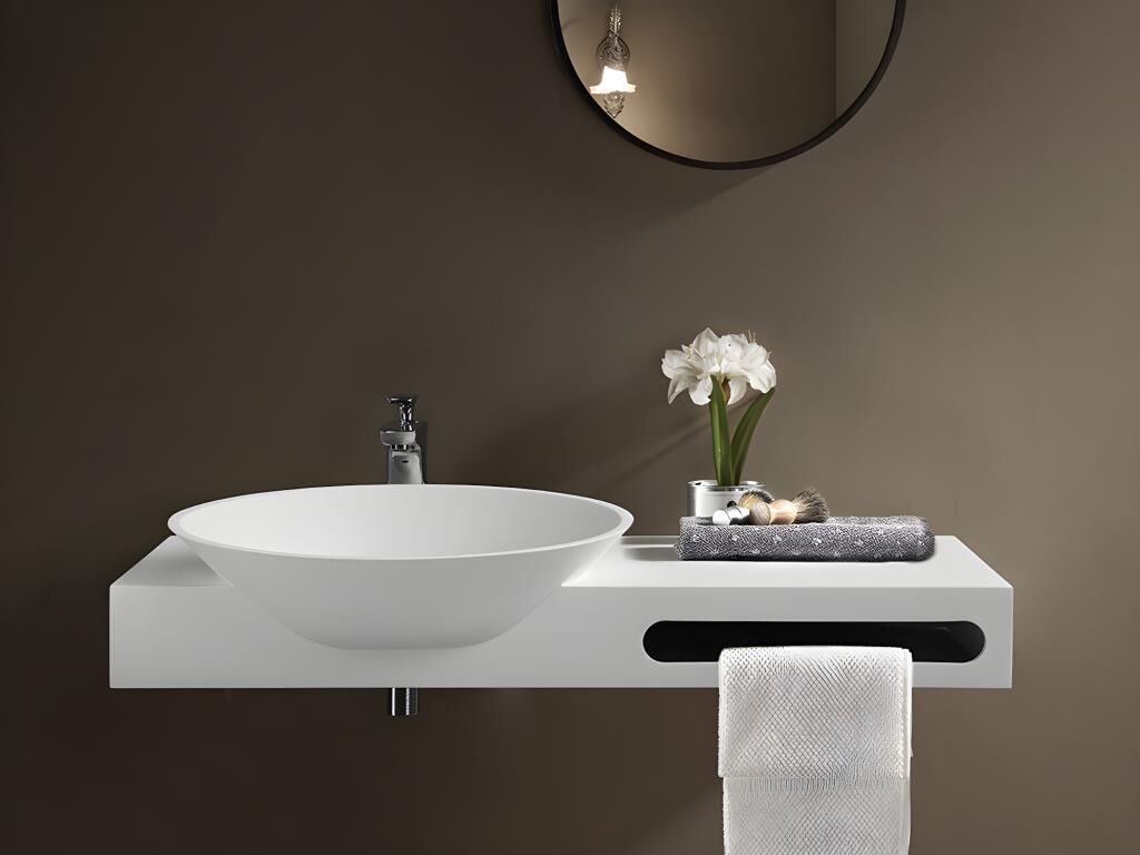 Shower & Design Lavabo suspendido con encimera de solid surface con toallero - Blanco - Ancho 100 x Prof. 54 x Alt. 20 cm - YUMIKO