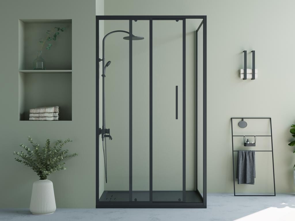 Shower & Design Mampara de ducha fija con puerta corredera negro mate estilo industrial - 120 x 80 x 195 cm - TORONI