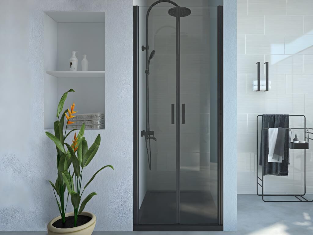 Shower & Design Puerta de ducha batiente - 80 x 195 cm - Negro mate - Cristal templado - SARASOTA