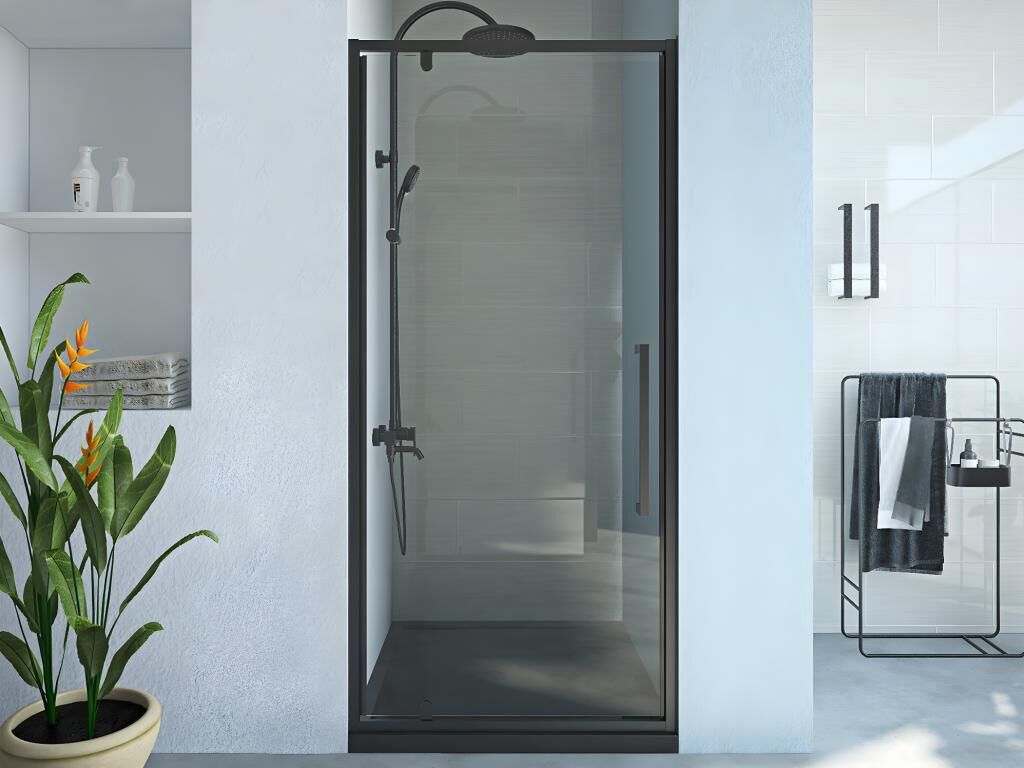 Shower & Design Puerta de ducha pivotante de metal negro mate de estilo industrial - 80 x 195 cm - TAMRI