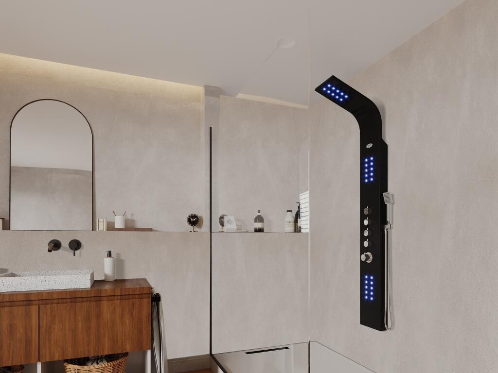 Shower & Design Columna de ducha e hidromasaje termostática con leds FELICITA - 20x165cm - Negro