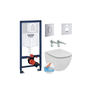 Grohe Pack WC Bati-support + WC suspendu Ideal Standard Tesi Aquablade + Abattant slim avec frein de chute + Plaque Arena Chrome